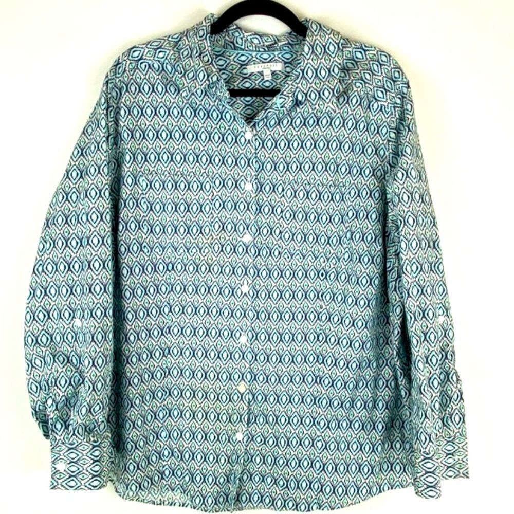 Foxcroft Wrinkle Free Black Green Print Button Down Shirt 20W Fitted